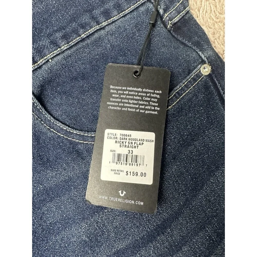 True Religion Ricky SN Flap Straight Jeans Men’s 33 Blue NWT $159